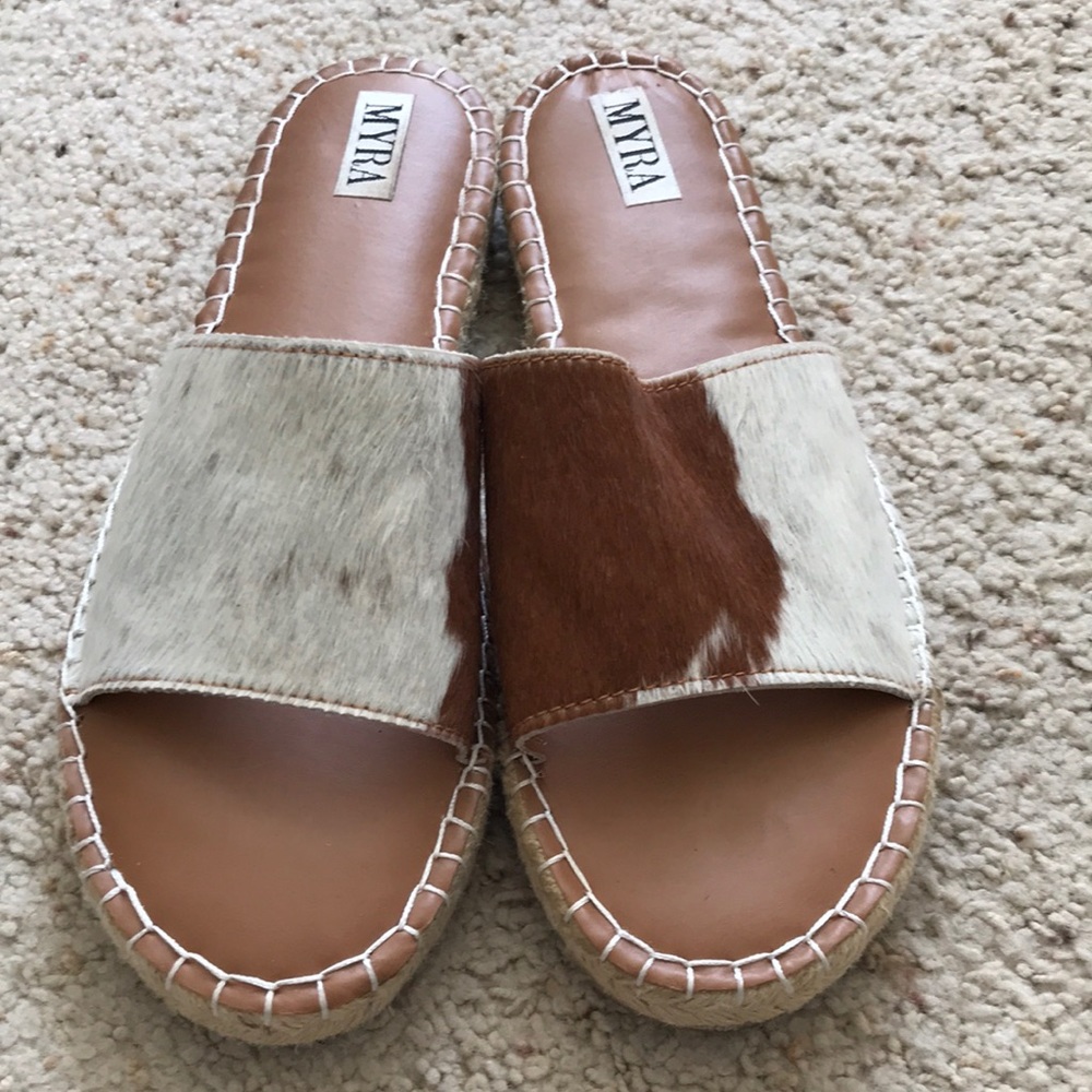 Myra Bag Brown and White Cowhide Slide Sandals